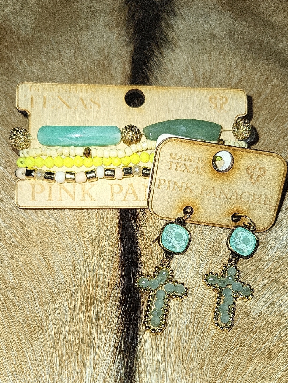 Pink Panache Mint Cross Dangle Earrings & Beaded Bracelet Set